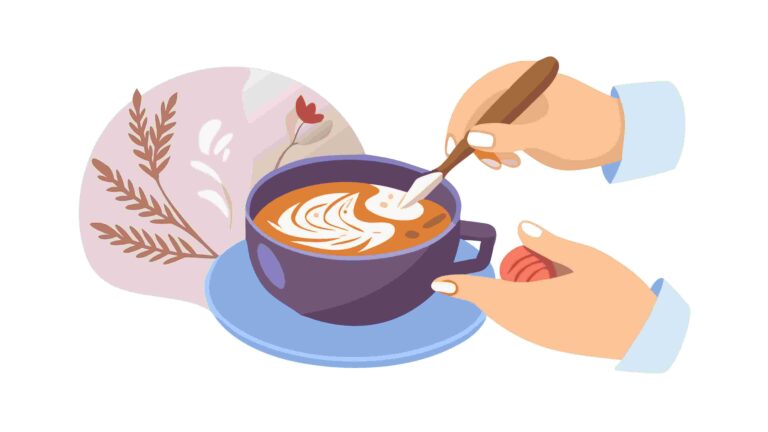 Delightful Latte Art in Ceramic Cup with Leaf Design, vector design Generative AI