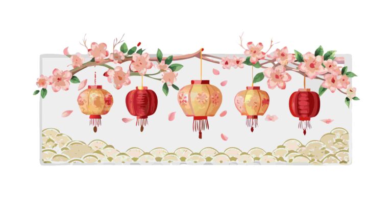 Festive Chinese Lanterns & Cherry Blossom Vector Border, vector design Generative AI