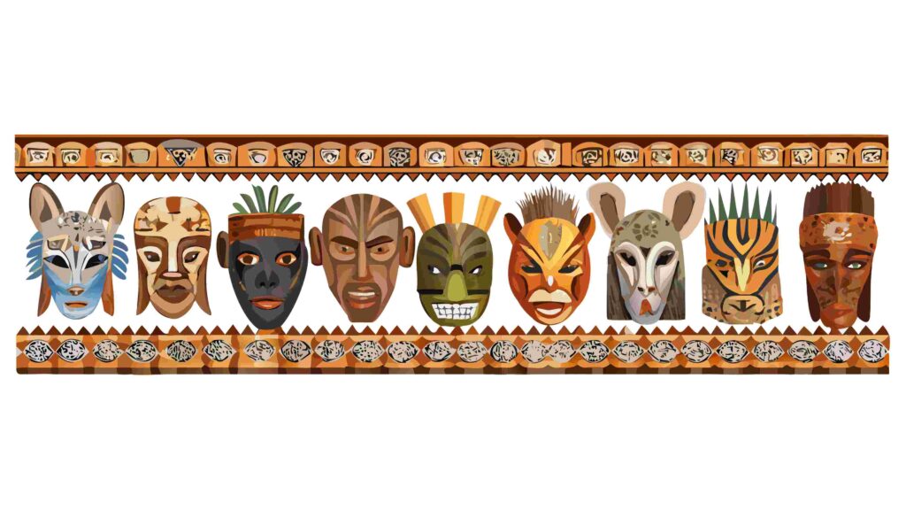 Diverse African Tribal Masks Vector Art Border 4, vector design Generative AI