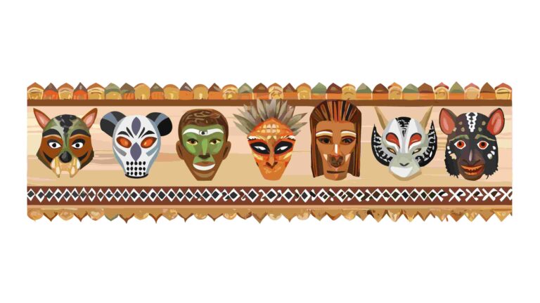 Diverse African Tribal Masks Vector Art Border 5, vector design Generative AI
