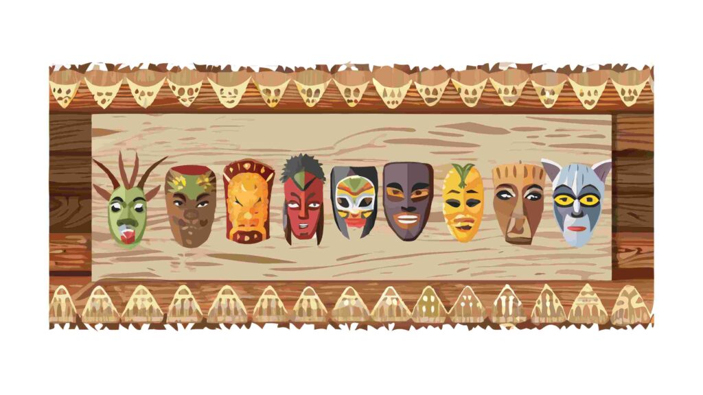 Diverse African Tribal Masks Vector Art Border 8, vector design Generative AI