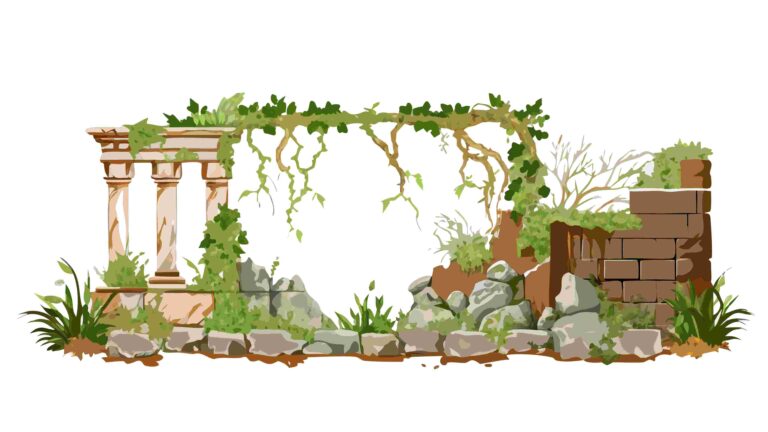 Ancient Ruin Overgrown with Green Vines Vector Scene, vector design Generative AI