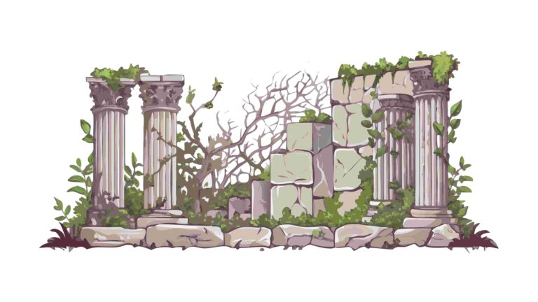 Crumbling Roman Columns in Lush Landscape Vector, vector design Generative AI