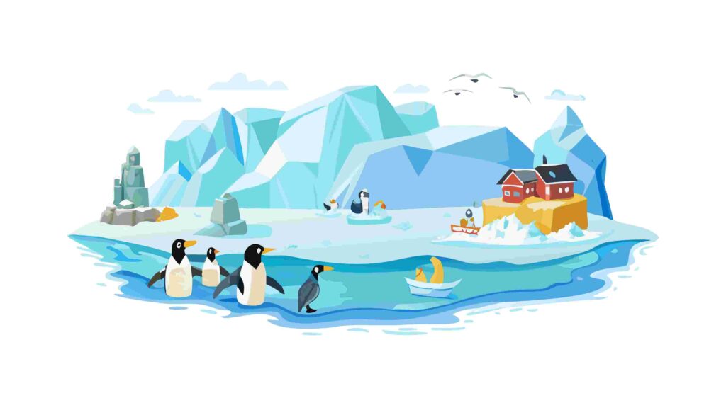 Arctic Research Expedition Scene with Penguins Vector, vector design Generative AI