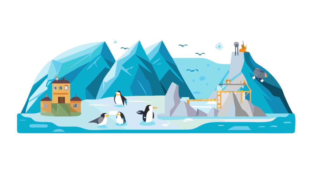 Antarctic Village with Penguins and Icebergs Vector, vector design Generative AI
