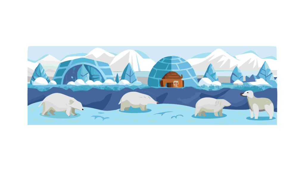 Polar Bears and Igloos in Snowy Arctic Vector Scene, vector design Generative AI