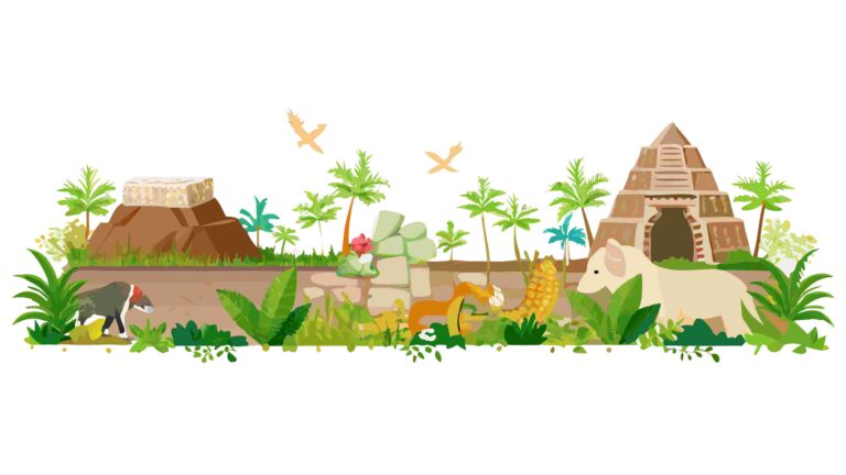 Prehistoric Village & Volcano Landscape Vector Border, vector design Generative AI