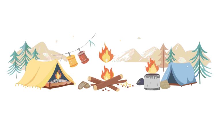 Cozy Outdoor Camping Scene with Campfire Vector Border, vector design Generative AI