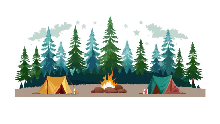 Scenic Forest Campfire & Tents Vector Border, vector design Generative AI