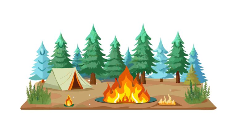 Cozy Campfire Scene in Pine Forest Vector Border, vector design Generative AI
