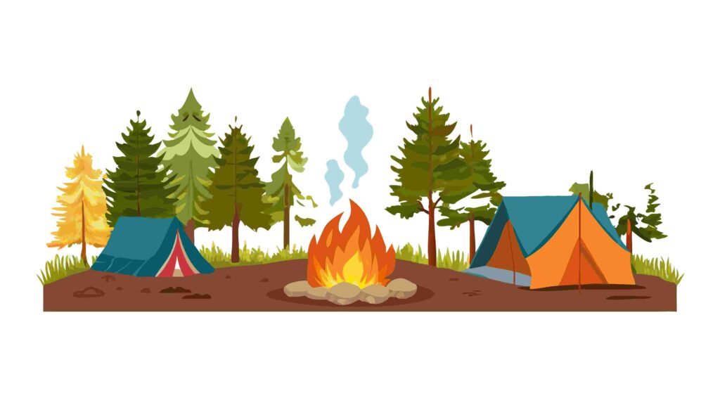 Charming Woodland Campfire & Tent Vector Border, vector design Generative AI