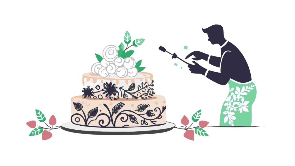 Baker Decorating Elegant Wedding Cake with Floral Accents, vector design Generative AI