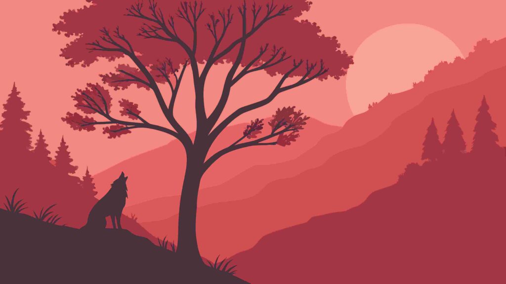 Forest Landscape with Wolf Silhouette at Sunset, vector design Generative AI