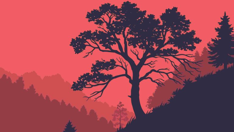 Solitary Tree in Hilly Sunset Forest Landscape, vector design Generative AI