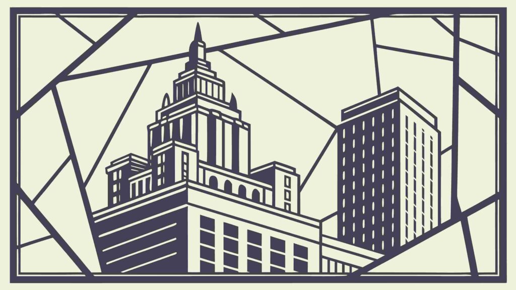 Urban Cityscape with Majestic Skyscraper Frame, vector design Generative AI