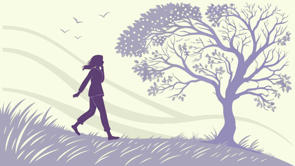 Serene Woman Walking by Tree in Sunset Vector Scene, vector design Generative AI