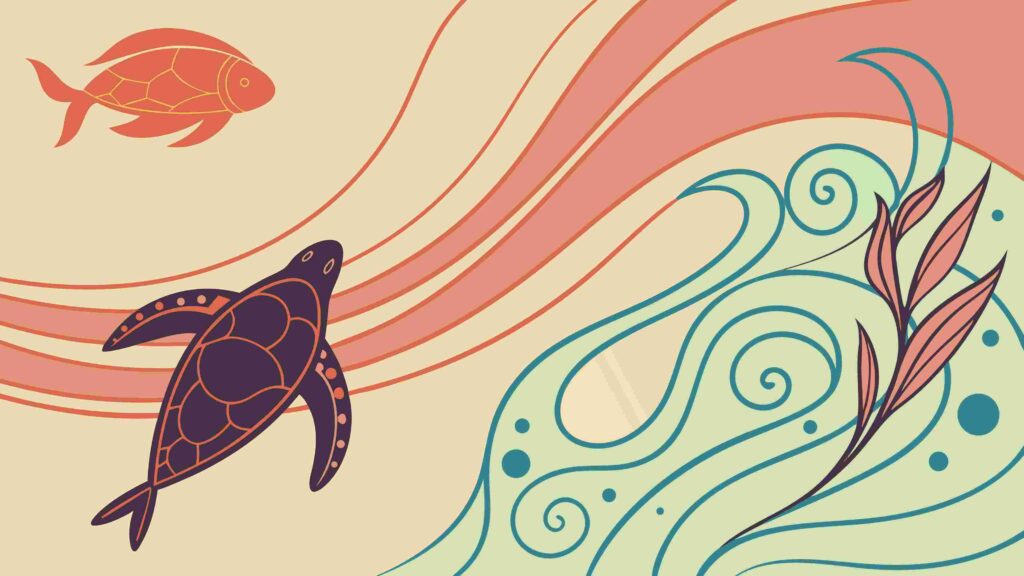 Graceful Turtle and Fish in Swirling Ocean Currents, vector design Generative AI