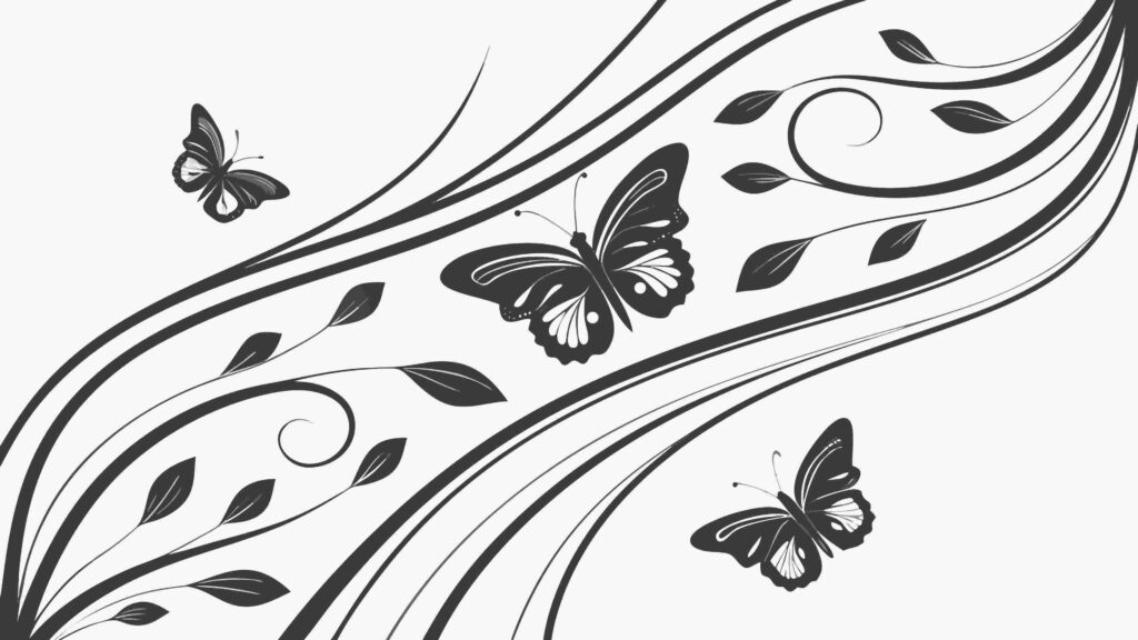 Grayscale Butterfly and Vine Swirls Decorative Element, vector design Generative AI