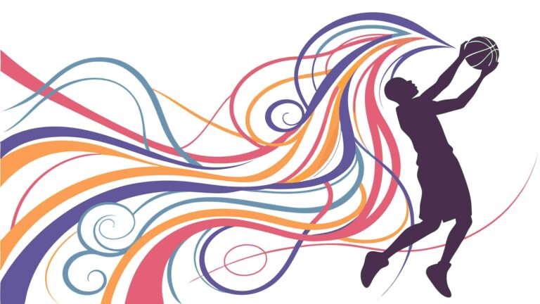 Basketball Player Mid-Dunk with Dynamic Abstract Swirls, vector design Generative AI