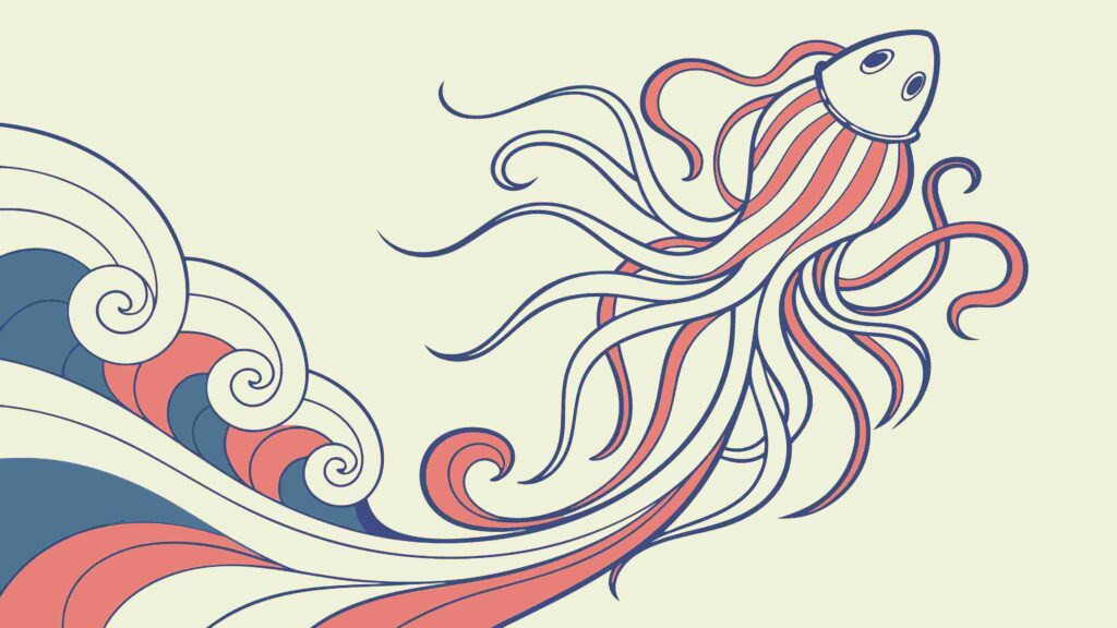 Golden Fish with Flowing Fins and Organic Swirls, vector design Generative AI