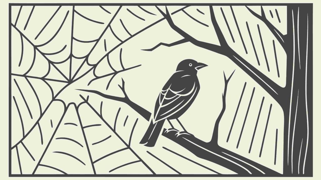 Mysterious Crow on Bare Tree Branch in Spiderweb, vector design Generative AI