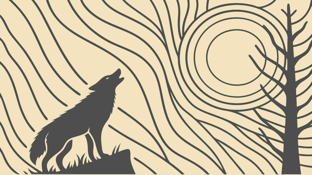 Stylized Howling Wolf and Tree in Abstract Landscape, vector design Generative AI