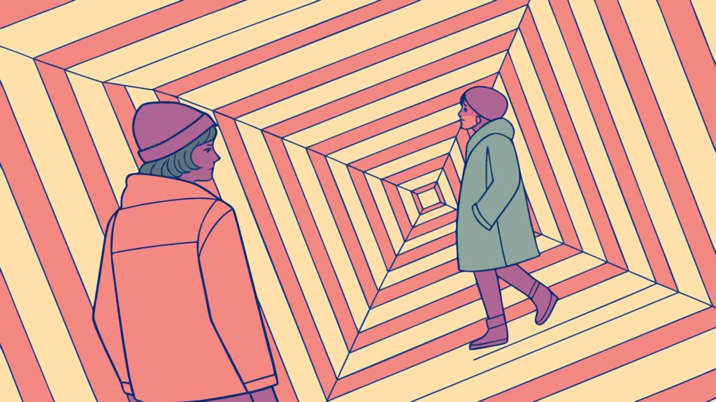 Person Walking into Abstract Perspective Tunnel, vector design Generative AI