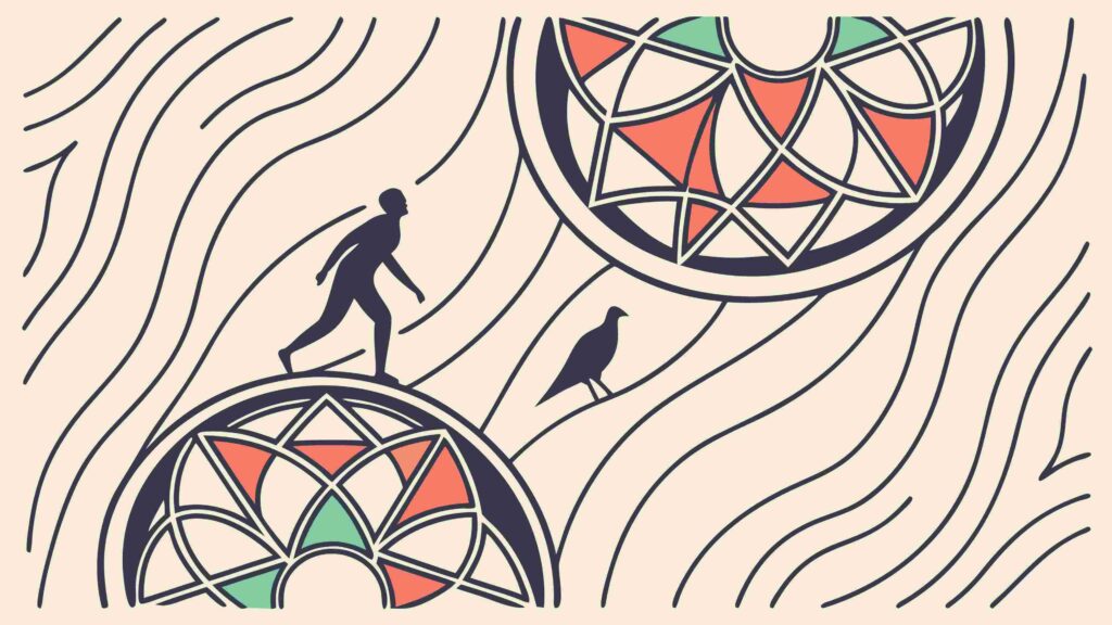 Person on Abstract Surface with Birds and Patterns, vector design Generative AI