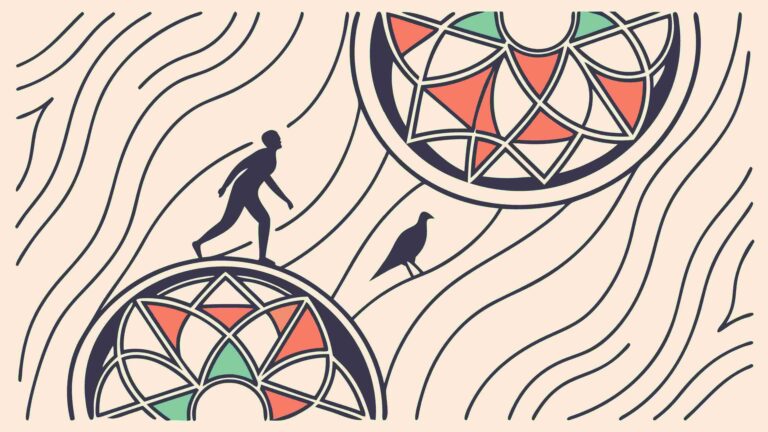 Person on Abstract Surface with Birds and Patterns, vector design Generative AI