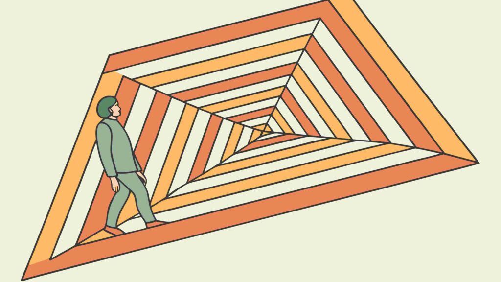 Isometric Spiral Tunnel with Person Exploring, vector design Generative AI