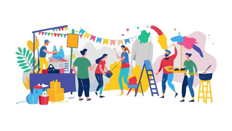 Lively Outdoor Street Market with Diverse Crowd Vector, vector design Generative AI
