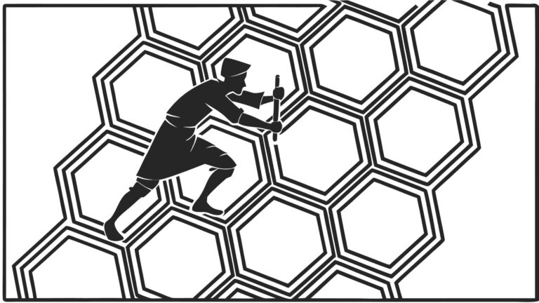 Person Climbing Abstract Hexagon Grid Problem Solving, vector design Generative AI