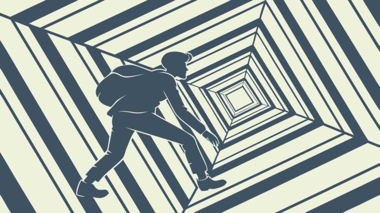 Silhouette Hiker in Abstract Tunnel Perspective, vector design Generative AI