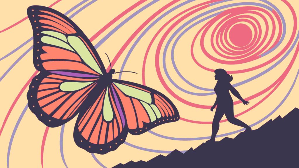 Fantasy Landscape with Butterfly and Small Figure, vector design Generative AI