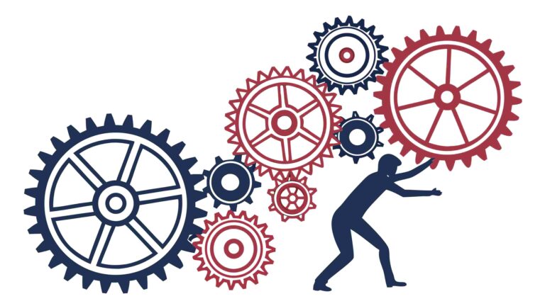 Man Pushing Giant Gear Effort Concept Vector, vector design Generative AI
