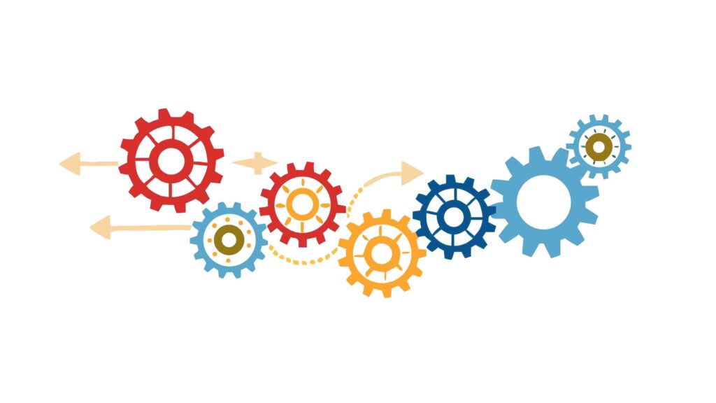 Line of Colorful Interlocking Gears Graphic, vector design Generative AI