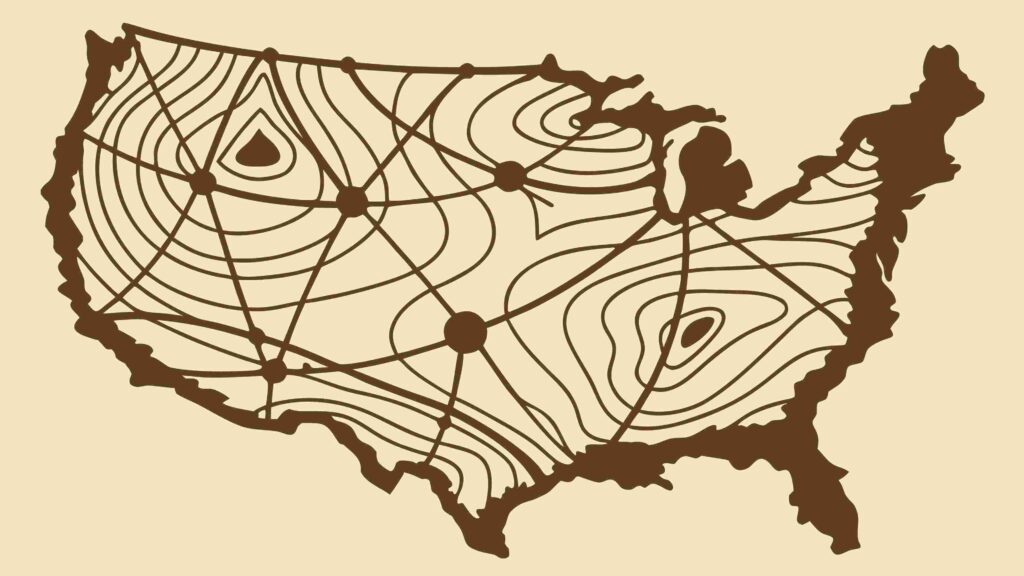 USA Map with Wood Grain and Tree Ring Texture, vector design Generative AI