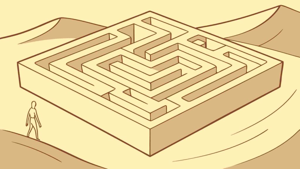 Man in 3D Maze, Challenging Puzzle Game Vector Scene, vector design Generative AI
