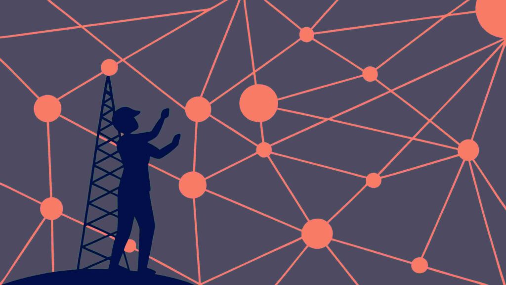 Person Climbing Network Tower, Connectivity Concept, vector design Generative AI