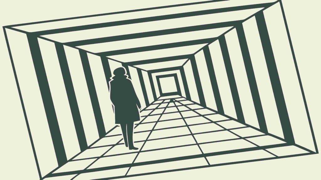 Silhouette in Geometric Tunnel, Mysterious Path, vector design Generative AI
