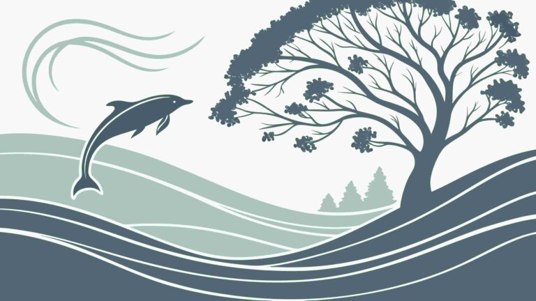 Dynamic Dolphins Leaping in Ocean with Coastal Tree, vector design Generative AI