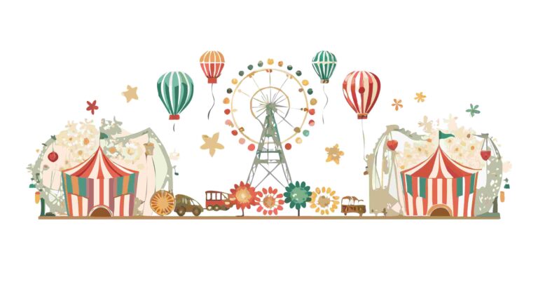 Whimsical Circus Fairground Border with Tents and Balloons, vector design Generative AI