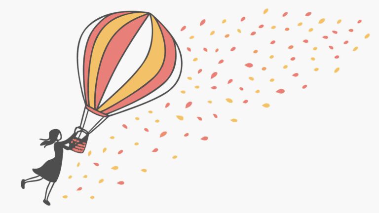 Whimsical Girl Floating with Hot Air Balloon, vector design Generative AI