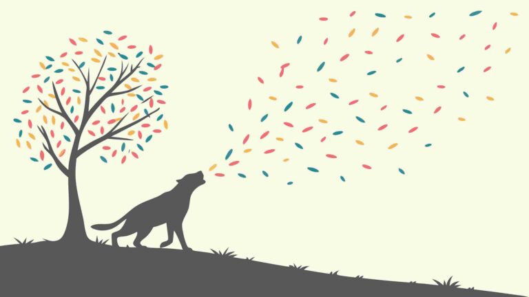 Lone Dog Silhouette Under Tree with Blowing Leaves, vector design Generative AI