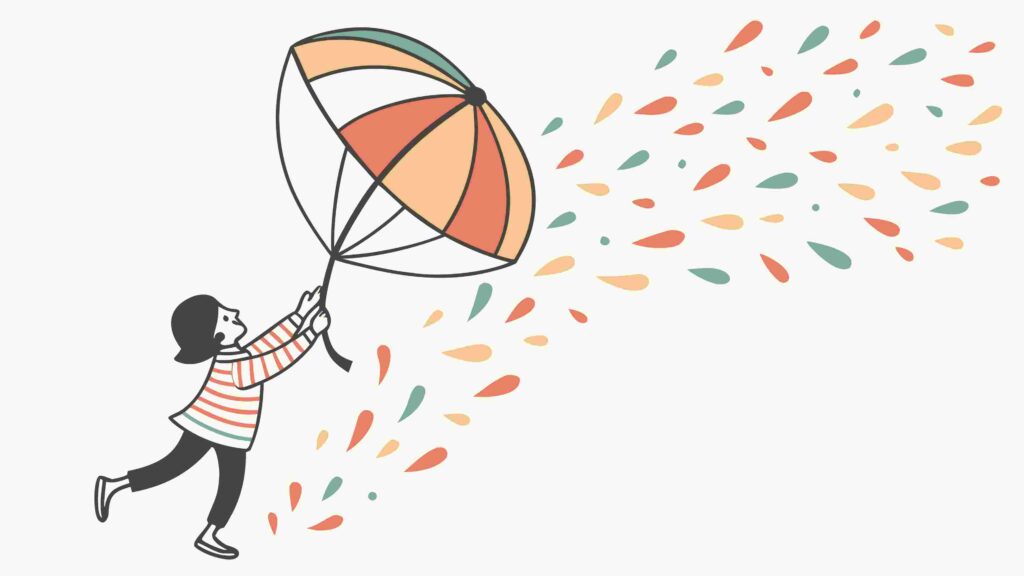 Whimsical Child Floating with Colorful Umbrella, vector design Generative AI