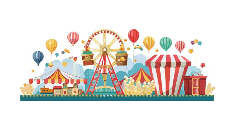 Festive Fairground Border with Hot Air Balloons and Booths, vector design Generative AI