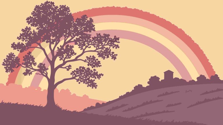 Serene Tree on Hill with Rainbow Landscape, vector design Generative AI