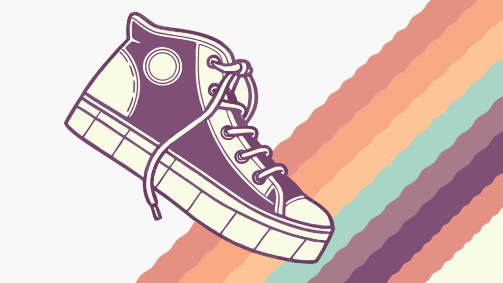 Stylish High-Top Sneaker on Rainbow Stripe Background, vector design Generative AI