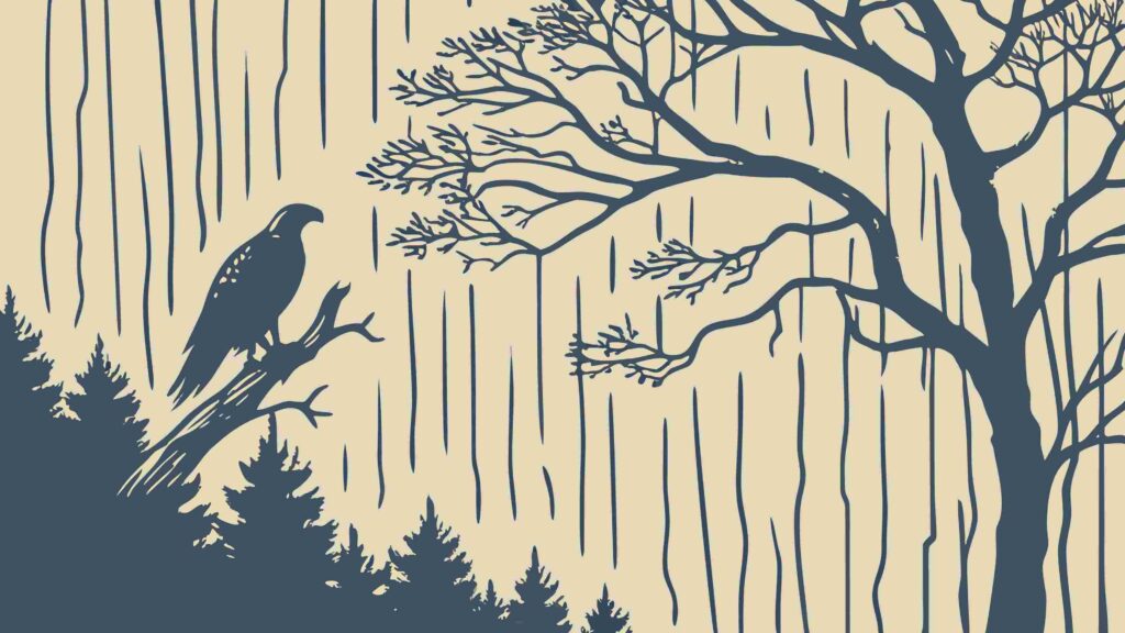 Bare Winter Forest with Solitary Bird Silhouette, vector design Generative AI