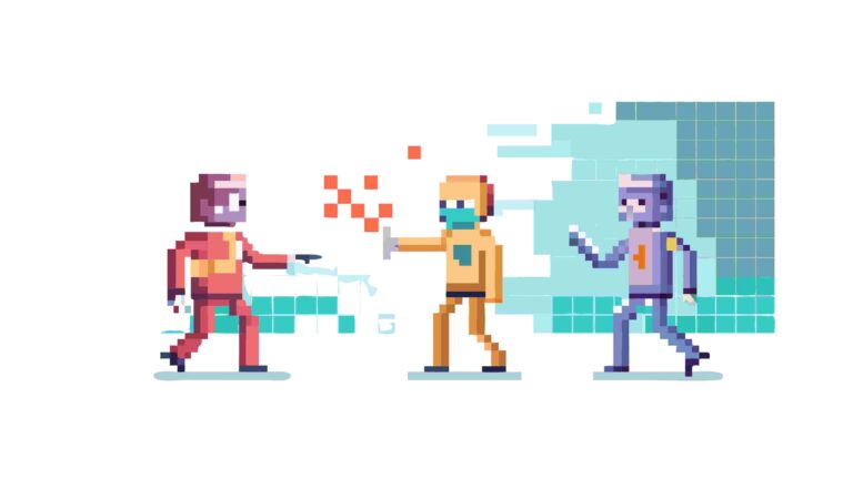 Pixel Art Characters Interacting in Digital World, vector design Generative AI